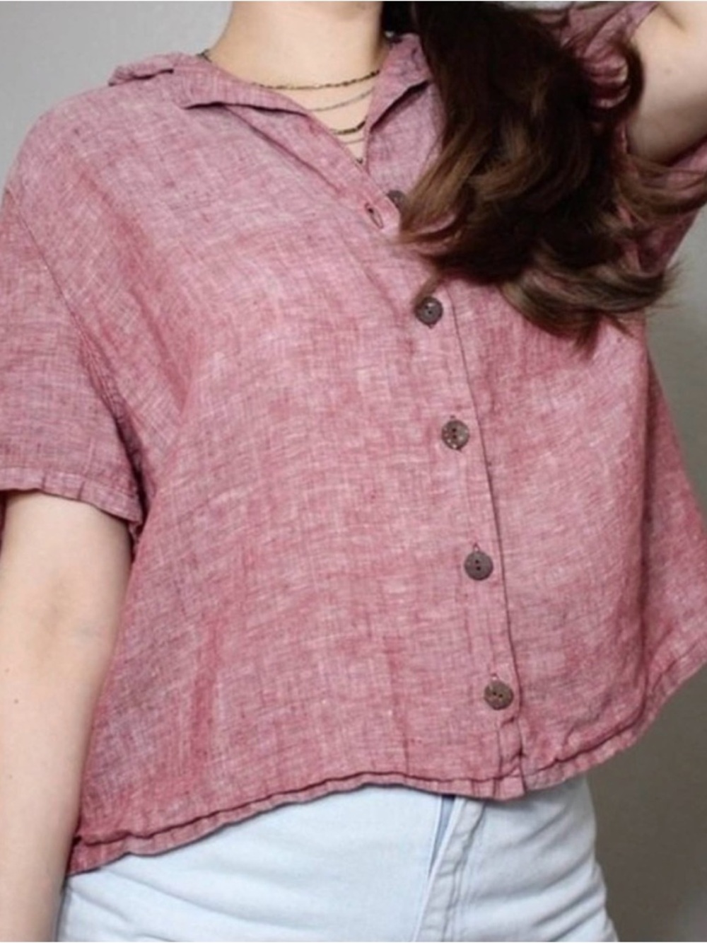 Rachel Zoe Heathered Red 100% Linen Short-Sleeve Button-Front Shirt
